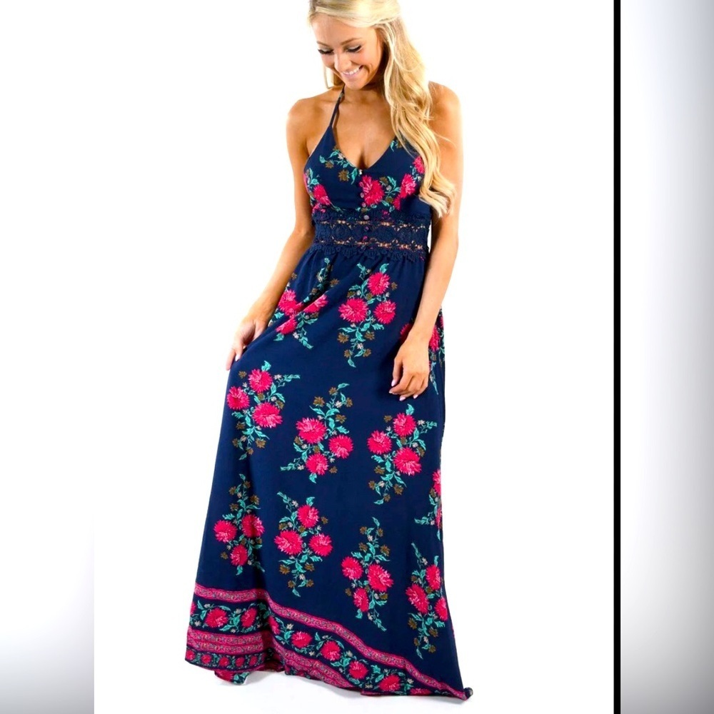 NWT! Pink Lily Boutique Blue Floral Maxi Dress Size Medium